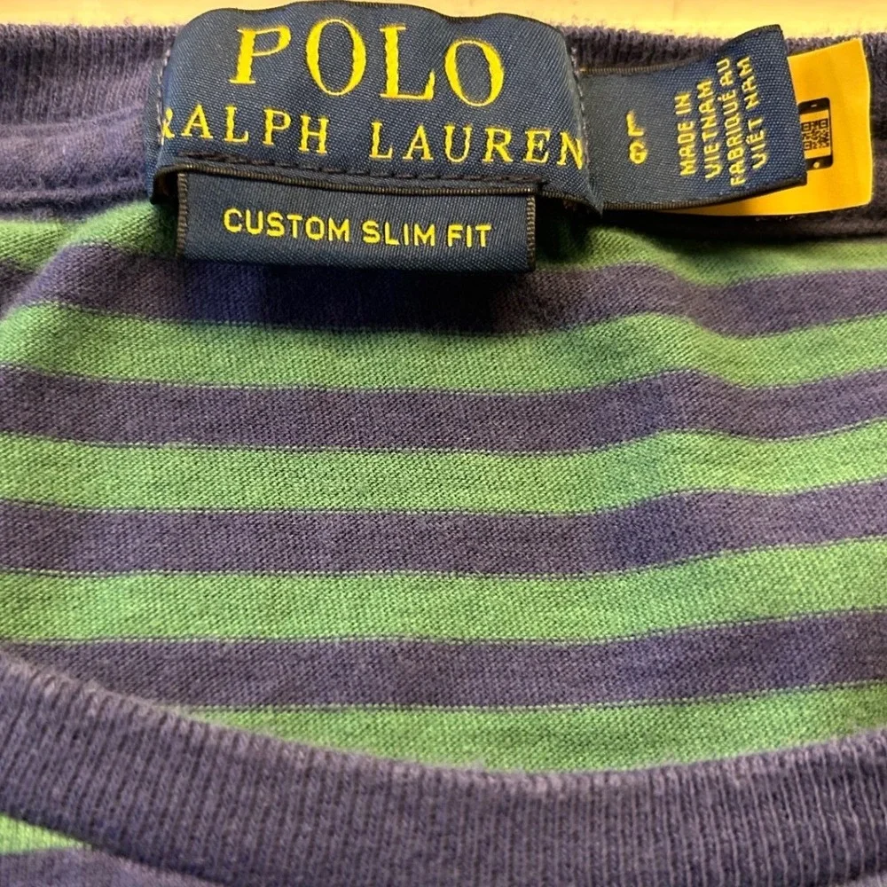 Polo Ralph Lauren Mens Custom Slim Fit Striped T-Shirt Navy Green Large